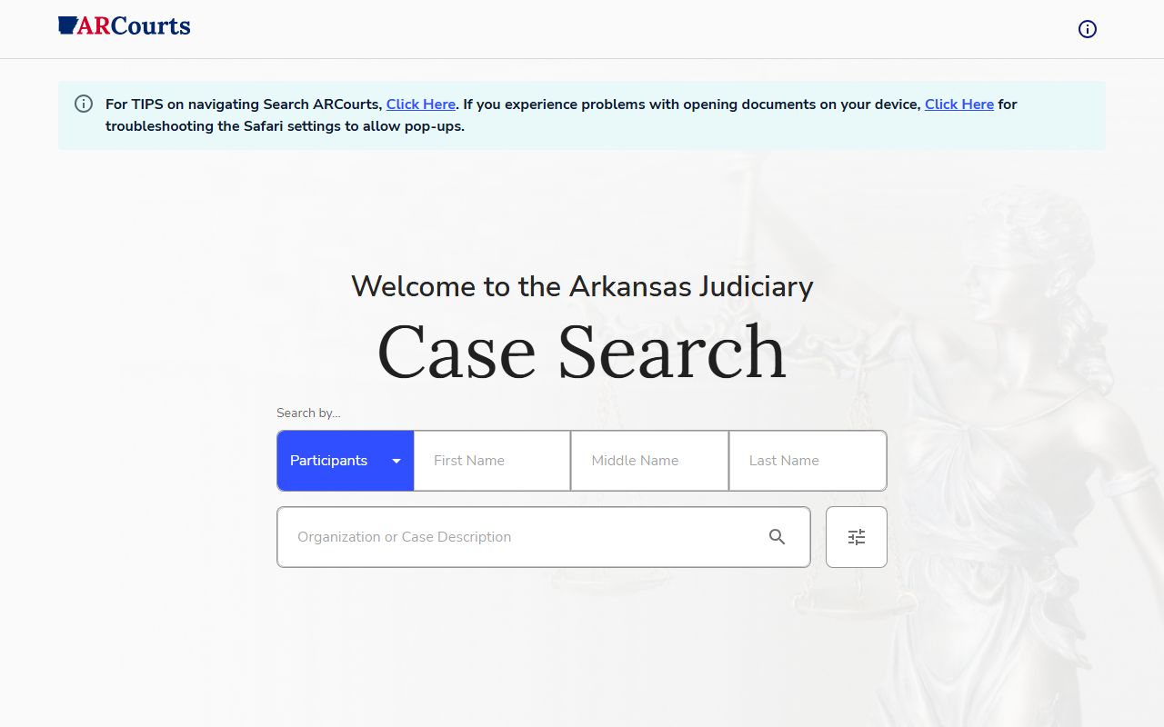 Search ARCourts public query screen for Washington County court records