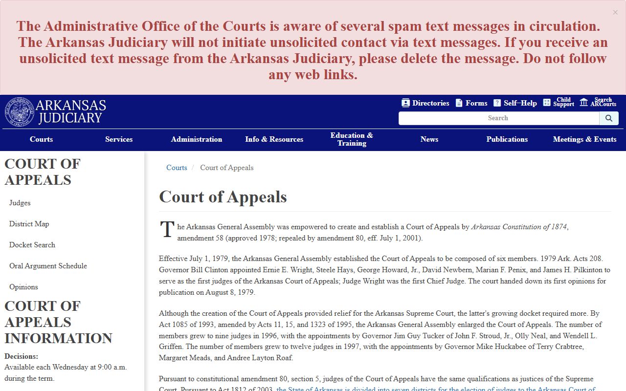 Arkansas Court of Appeals page above the Washington County Circuit Court