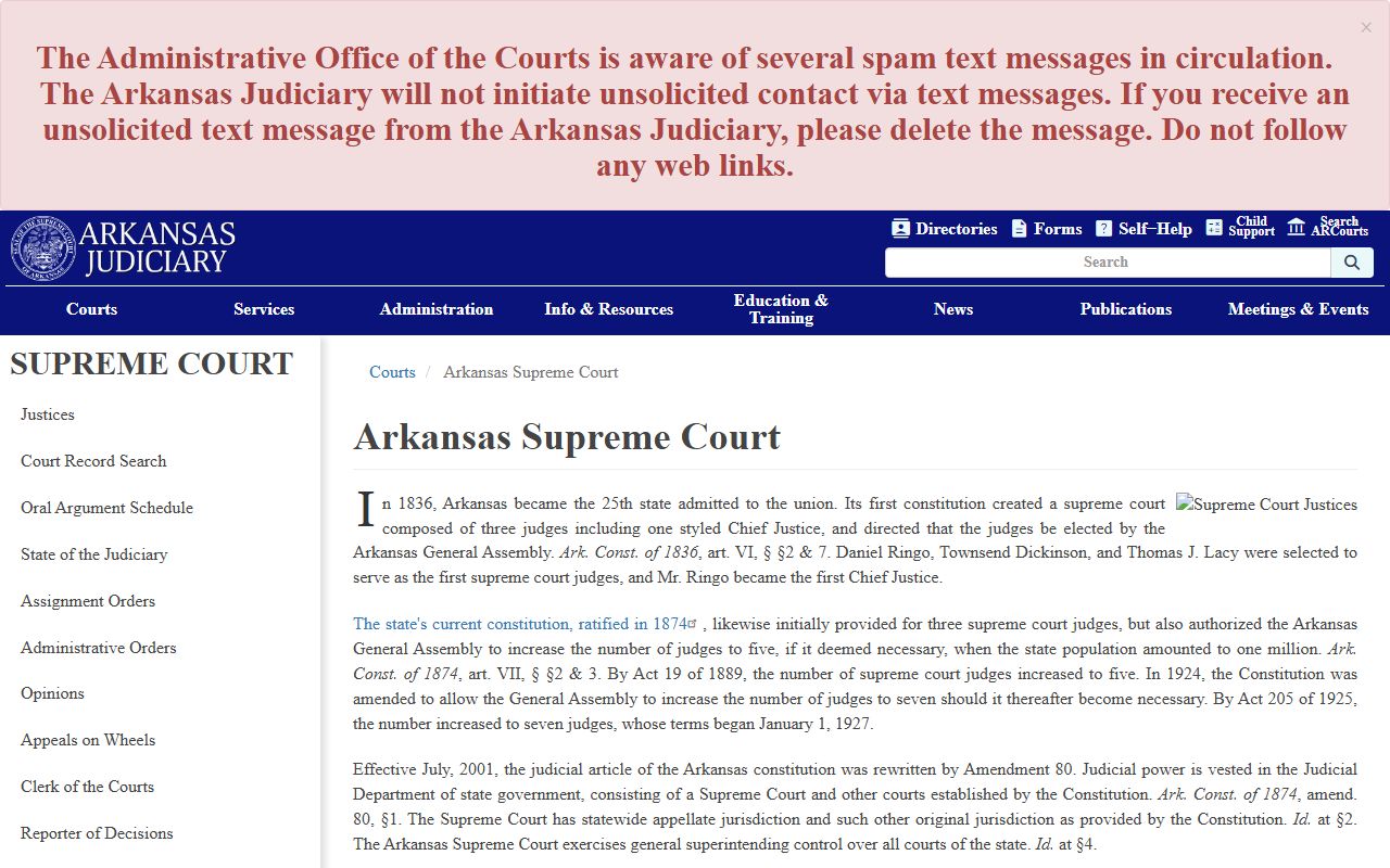 Arkansas Supreme Court page above the Washington County Circuit Court