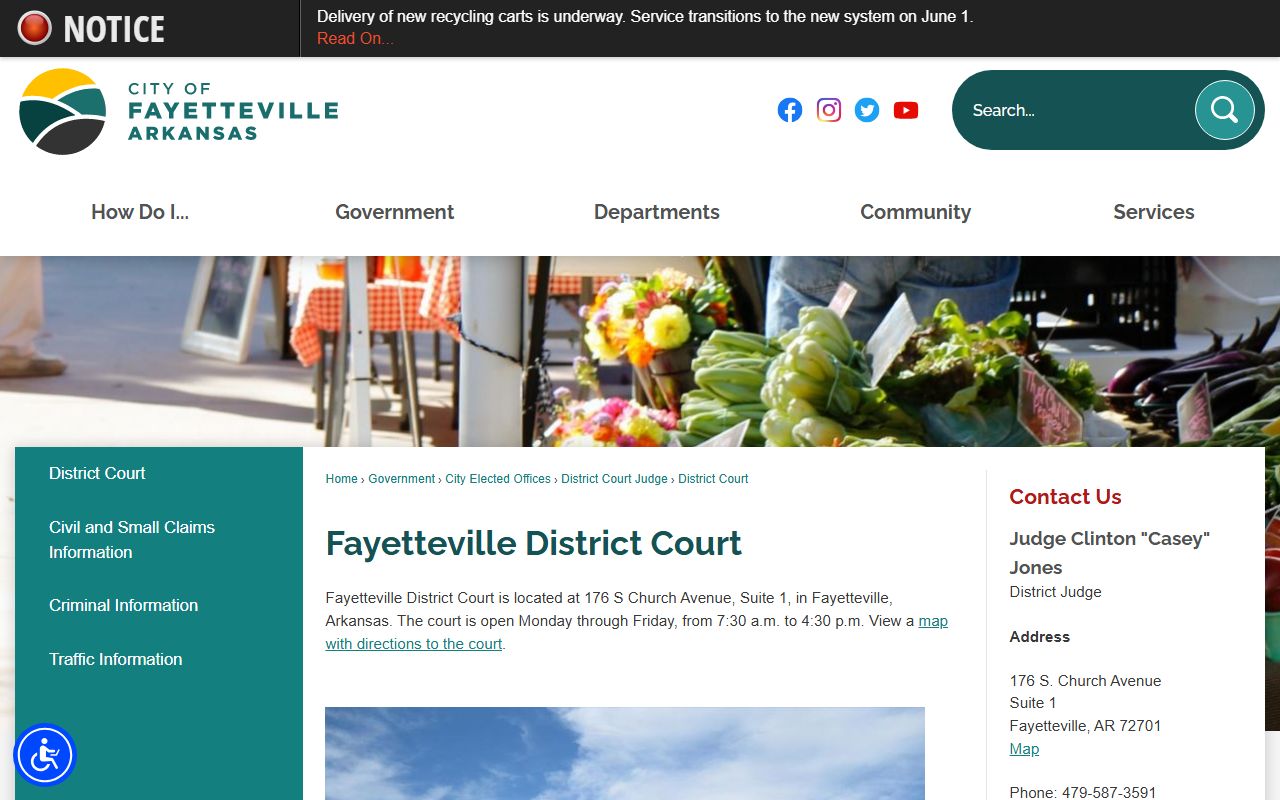 Fayetteville District Court page used for Washington County court records and cases