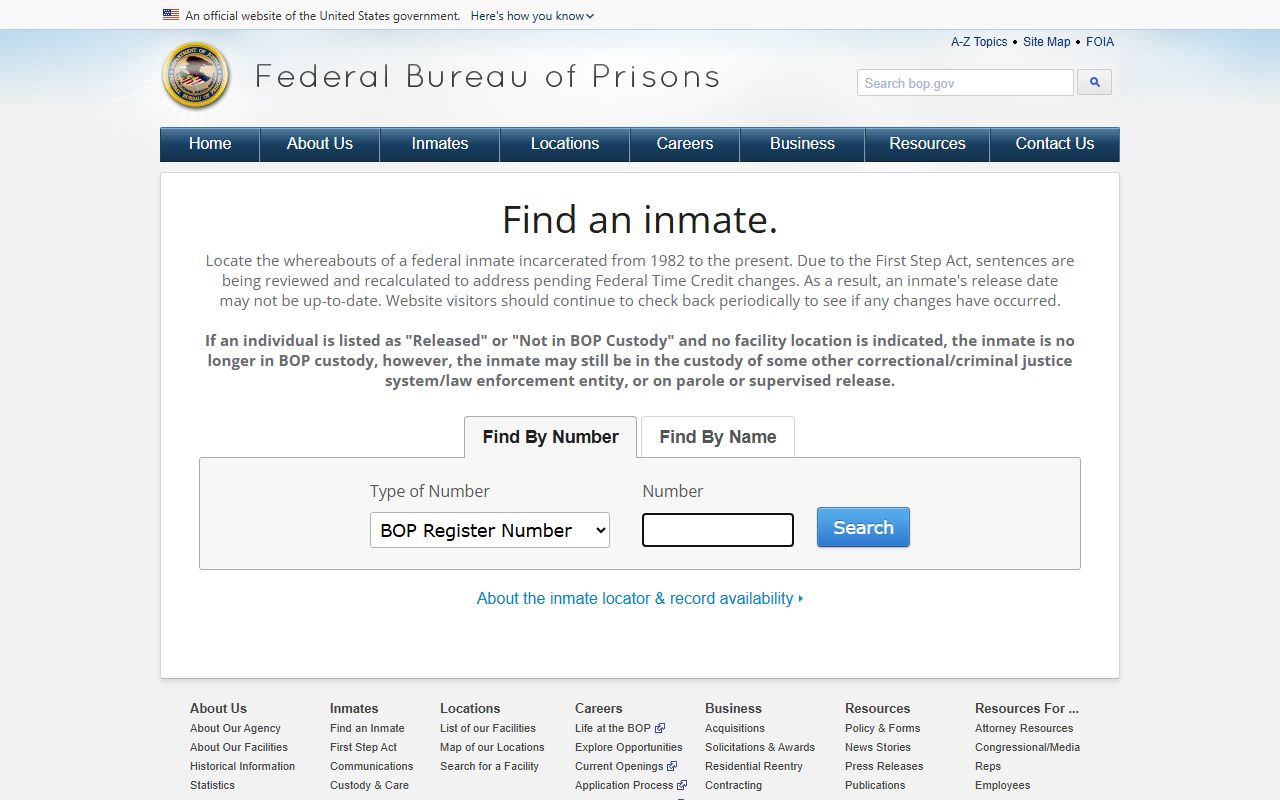 Federal Bureau of Prisons inmate locator used alongside Washington County inmate records