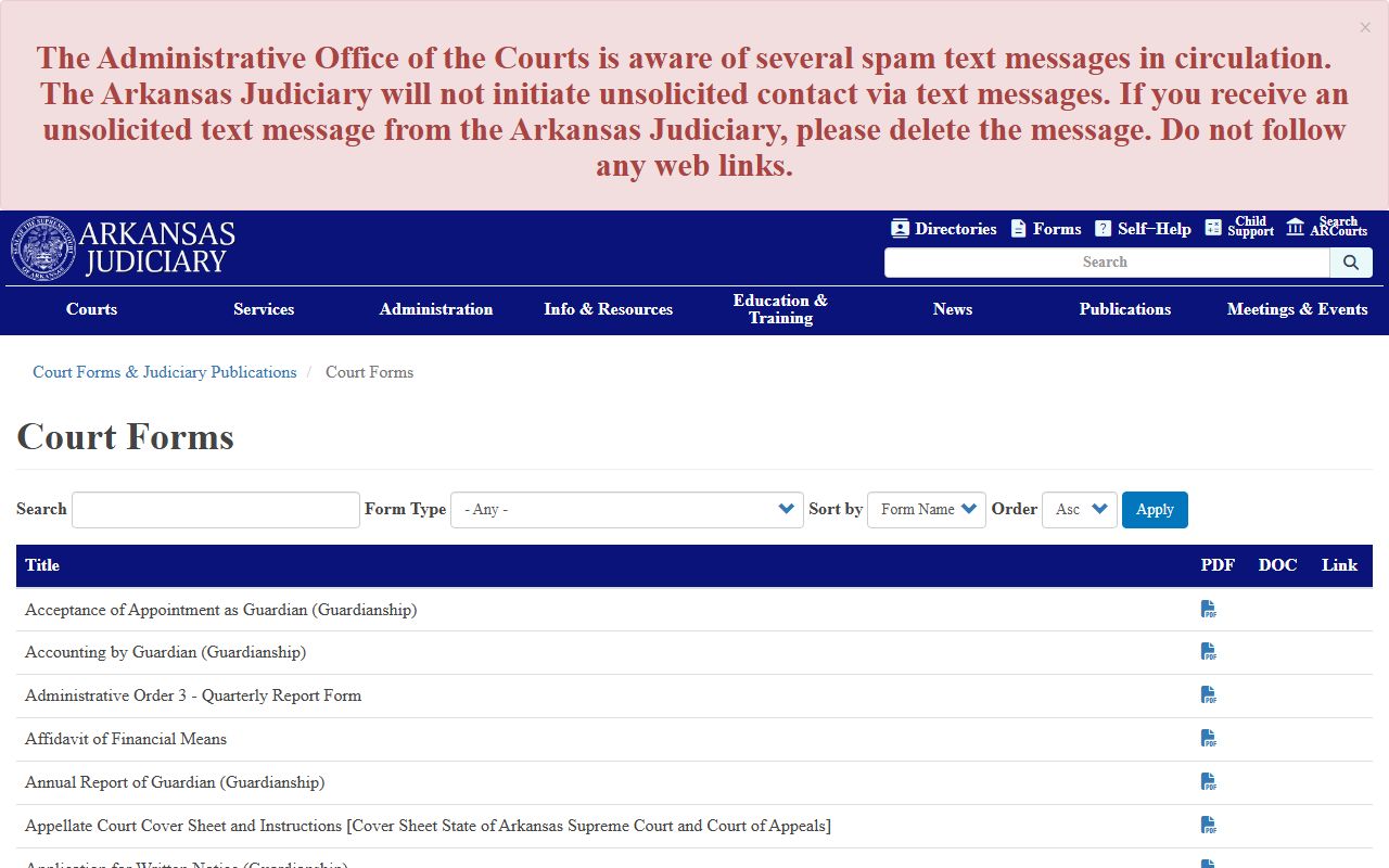 Arkansas court forms library used for Washington County public records requests